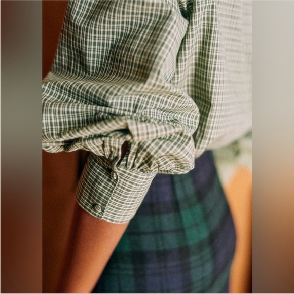 Sézane Jimena Blouse Green Plaid Bow Sz 38 Sezane x MDLO (US 6) - Picture 2 of 8